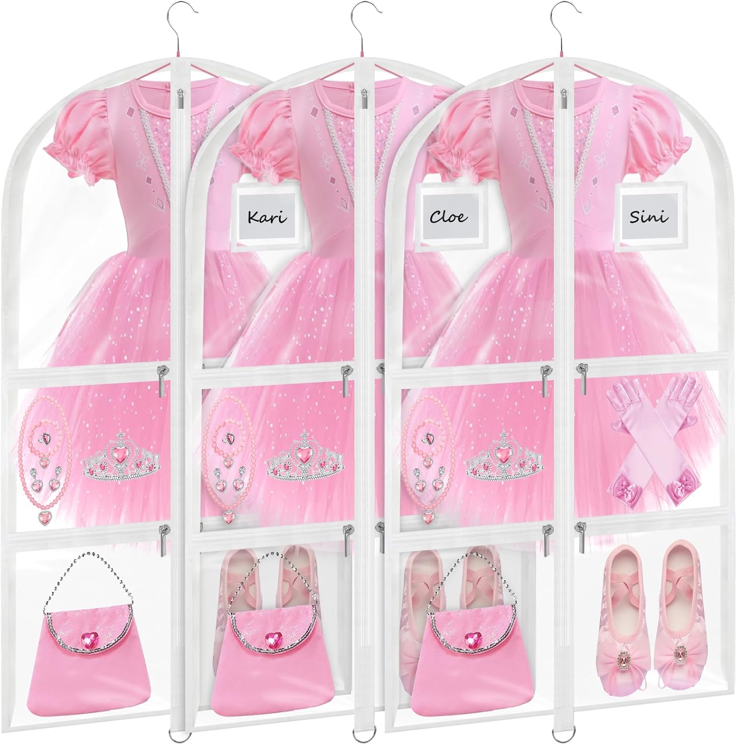 Garment Bags for Dance Costumes - 40 Inch Clear PVC with 5 Zipper Pockets (3 Pack, White) - Kids Dance Garment Bag for Dancers, Hanging Clothes Storage, Competitions & Travel (‎Clear White)