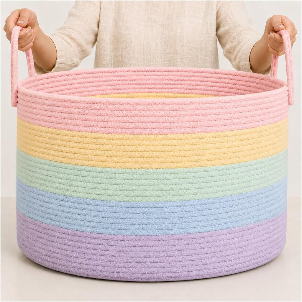 OrganiHaus Rainbow Toy Basket & Blanket Storage Bin, Nursery 20x13" | Rainbow Pastel - Round Rainbow Cotton Rope Basket, Nursery 20x13"