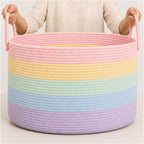 OrganiHaus Rainbow Toy Basket & Blanket Storage Bin, Nursery 20x13" | Rainbow Pastel - Round Rainbow Cotton Rope Basket, Nursery 20x13"