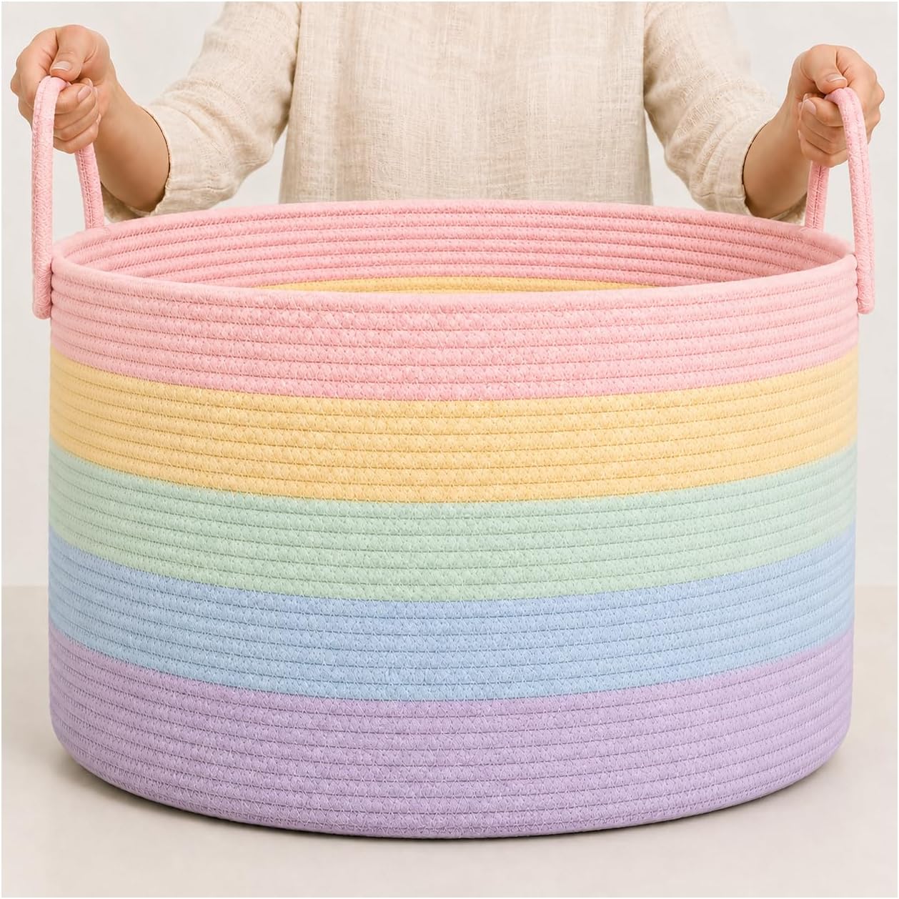 OrganiHaus Rainbow Toy Basket & Blanket Storage Bin, Nursery 20x13" | Rainbow Pastel - Round Rainbow Cotton Rope Basket, Nursery 20x13"