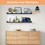 upsimples Floating Shelves for Wall, 47.3 Inch Shelves for Decor Storage Set of 6, Wall Mounted Wood Shelf for Bedroom, Living Room, Bathroom, Kitchen, Long Picture Ledge Shelves, Black