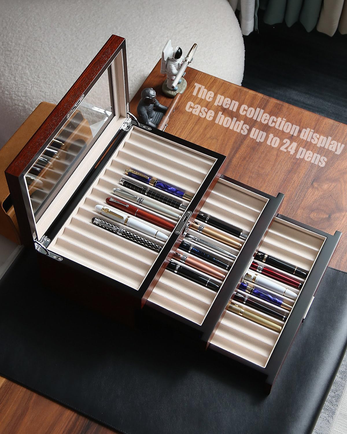 wood pen display case 36 slot Fountain pen Box storage Organizer with drawer, Top Glass Window Pen Collection Display Case