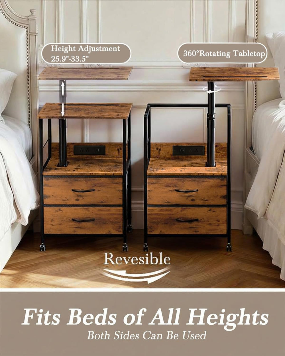 Faesun Swivel Lift Top Nightstand with Charging Station, Rolling Side Table f...