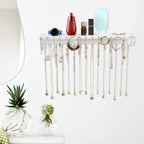 YYILIS Necklace Holder, Upgraded Extra Large Wall Necklace Organizer with 30 Hooks Wall Mounted Necklace Hanger with Jewelry Tray/Cosmetics Shelf Rustic Pine Wood Holder (2 Pack-Double White)