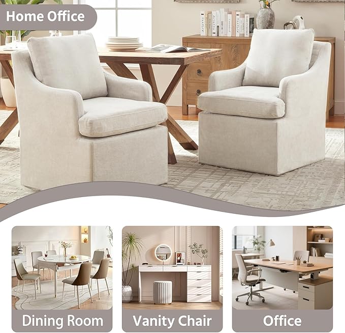 VKNOW Upholstered Dining Chairs Set of 4, Modern Kitchen Chairs Dinner Chairs with 4 Casters, Chenille Armchair for Bedroom Reading Room Living Room, Beige