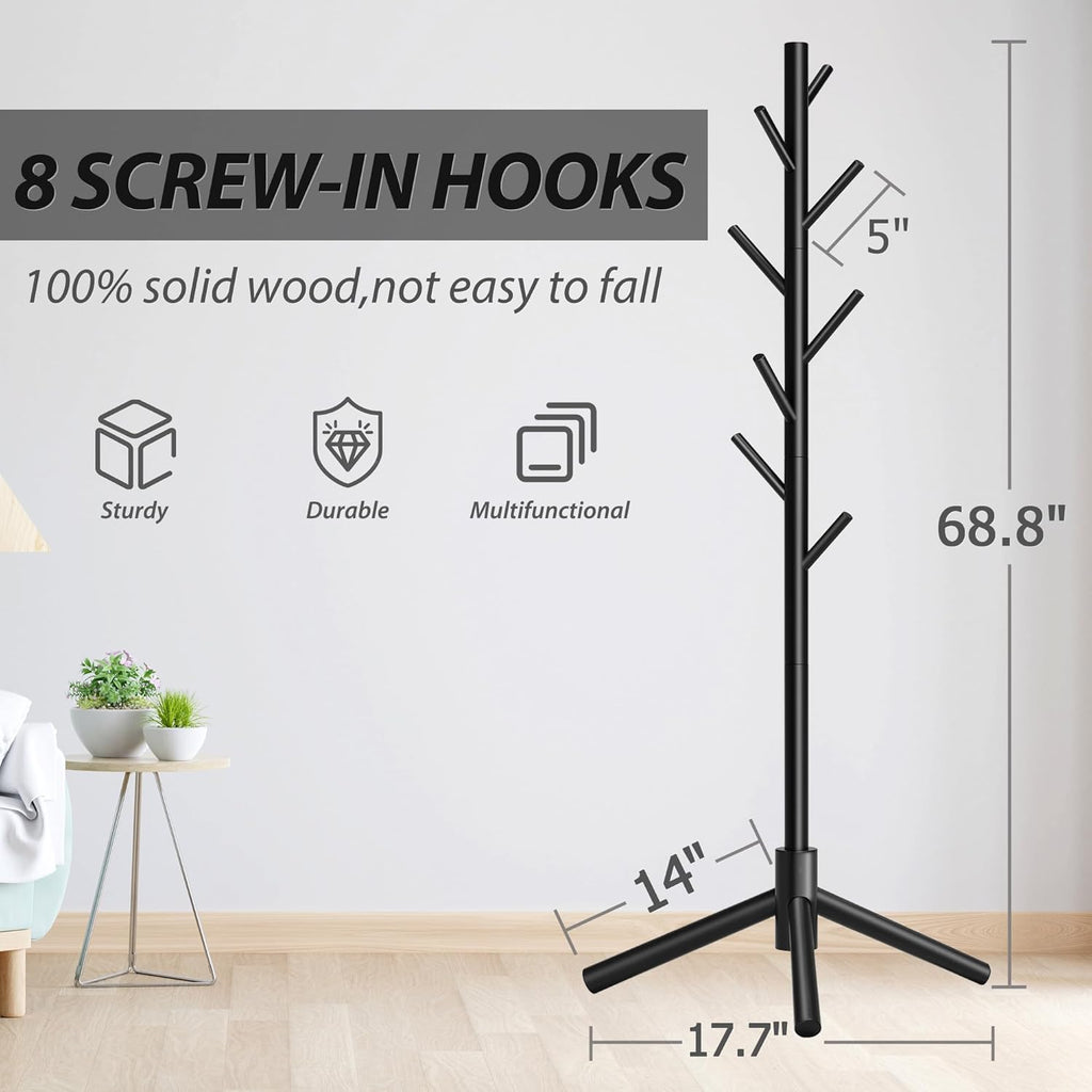 Unisakey Durable Wooden Coat Rack, Freestanding Coat Rack with Stable Triangular Base, 8 Hooks & 3 Adjustable Heights, Simple Assembly for Bedroom, Hallway, Office(New Black)