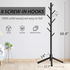 Unisakey Durable Wooden Coat Rack, Freestanding Coat Rack with Stable Triangular Base, 8 Hooks & 3 Adjustable Heights, Simple Assembly for Bedroom, Hallway, Office(New Black)