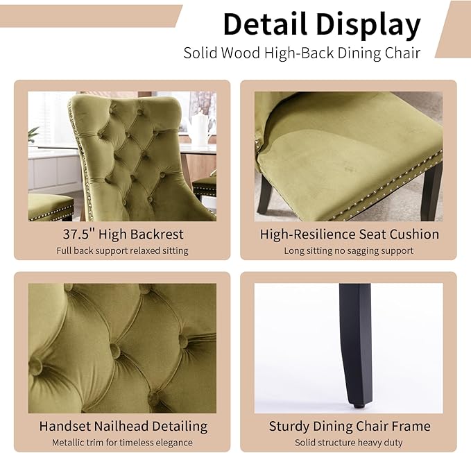 Modern Dining Chairs Set of 2, Tufted Upholstered Dining Chair with Solid Wood Legs, Olive Green Velvet Accent Chair, Sillas de Comedor, Comfy Kitchen Chairs (Olive Green, Velvet, 2Pcs)