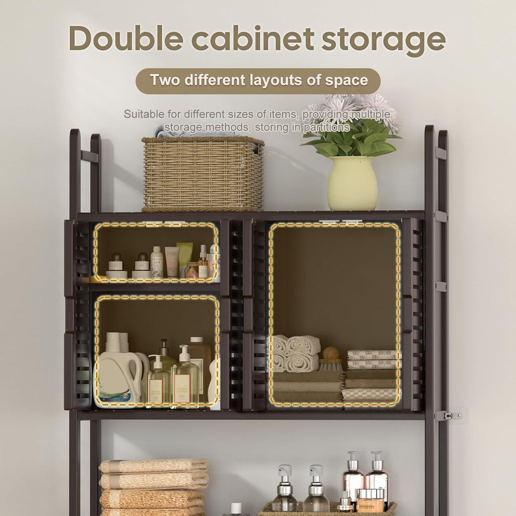 Over The Toilet Storage Cabinet with Paper Holder Stand,Bamboo Bathroom Organizer Shelf with Four Door and Waterproof Feet Pad,Space Saver Rack with Anti-Tip Design (Brown)