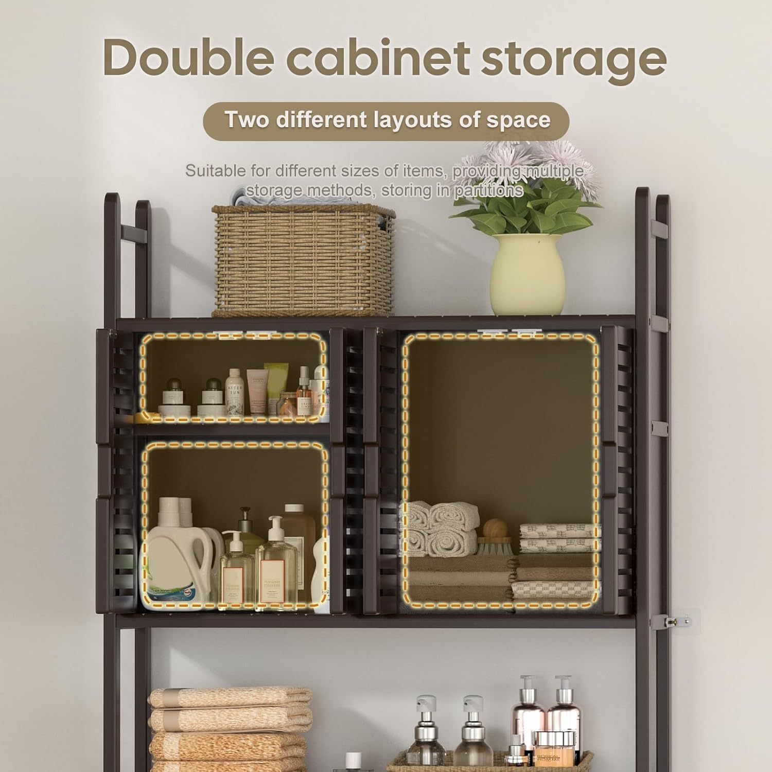 Over The Toilet Storage Cabinet with Paper Holder Stand,Bamboo Bathroom Organizer Shelf with Four Door and Waterproof Feet Pad,Space Saver Rack with Anti-Tip Design (Brown)