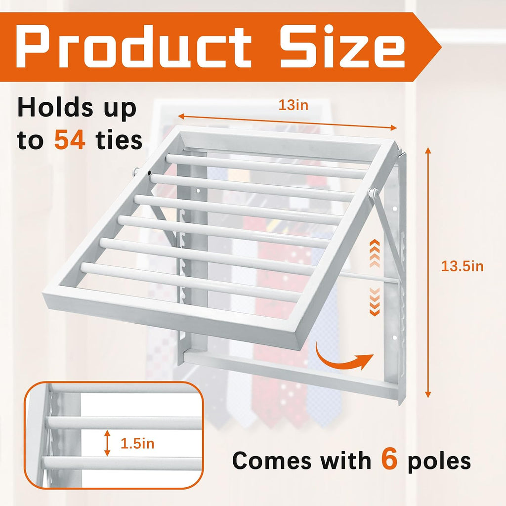 Tie Rack Wall Mounted, Adjustable Angle Tie Organizer for 60 Ties & Scarves | Holds up to 60 Ties, 10 Angle Slots, Wall-Mounted Easy Installation, Long-Lasting Design