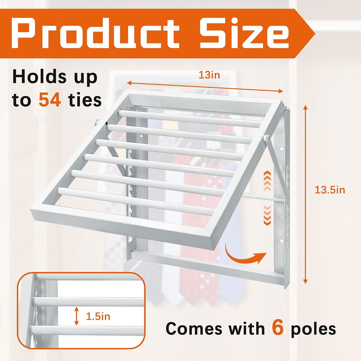 Tie Rack Wall Mounted, Adjustable Angle Tie Organizer for 60 Ties & Scarves | Holds up to 60 Ties, 10 Angle Slots, Wall-Mounted Easy Installation, Long-Lasting Design