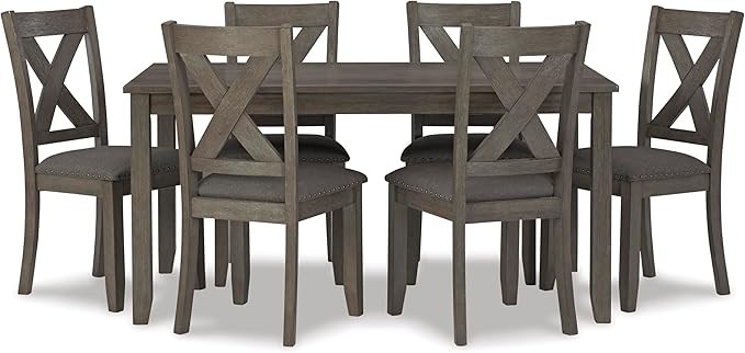 Signature Design by Ashley Caitbrook Rustic 7-Piece Dining Set – Rectangular Table with 6 X-Back Upholstered Chairs, Gray