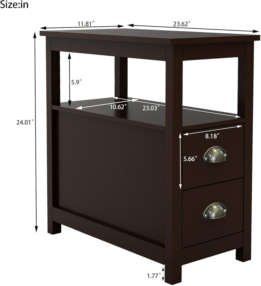 Espresso Narrow Side Table with 2 Drawers & Open Storage Shelf, Wooden Sl...
