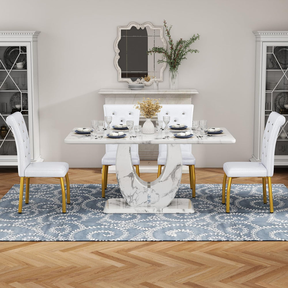 Modern Faux Marble Dining Table Set for 4, 63" White Rectangular Kitchen...
