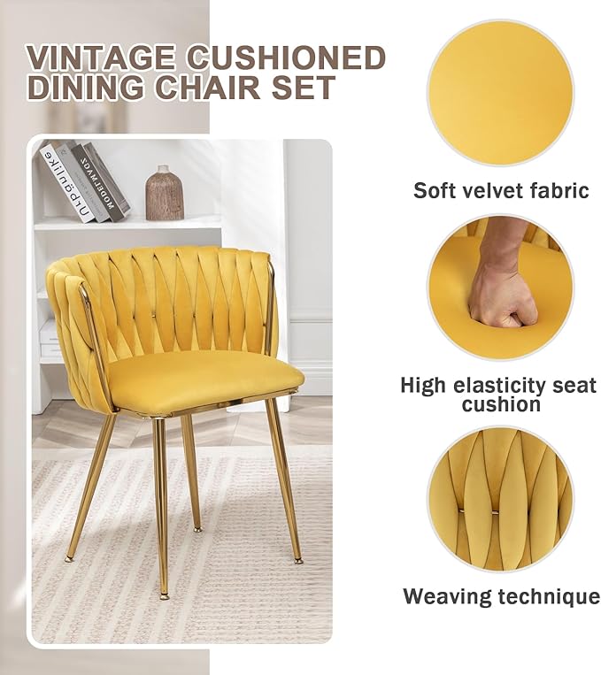 Velvet Dining Chairs Set of 4, Modern Upholstered Dining Chairs with Gold Metal Legs for Dining Room, Vanity, Kitchen, Living Room(Yellow)