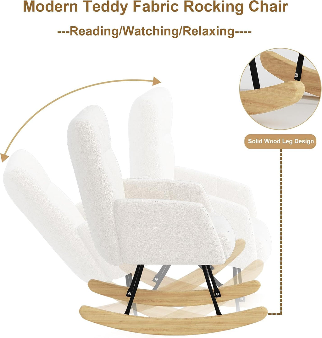 DKLGG Nursery Rocking Chair, Soft Teddy Fabric Rocking Chair Padded Seat with High Backrest for Nursery, Comfy Wingback Glider Rocker with Solid Wood Base for Living Room Bedroom(White)
