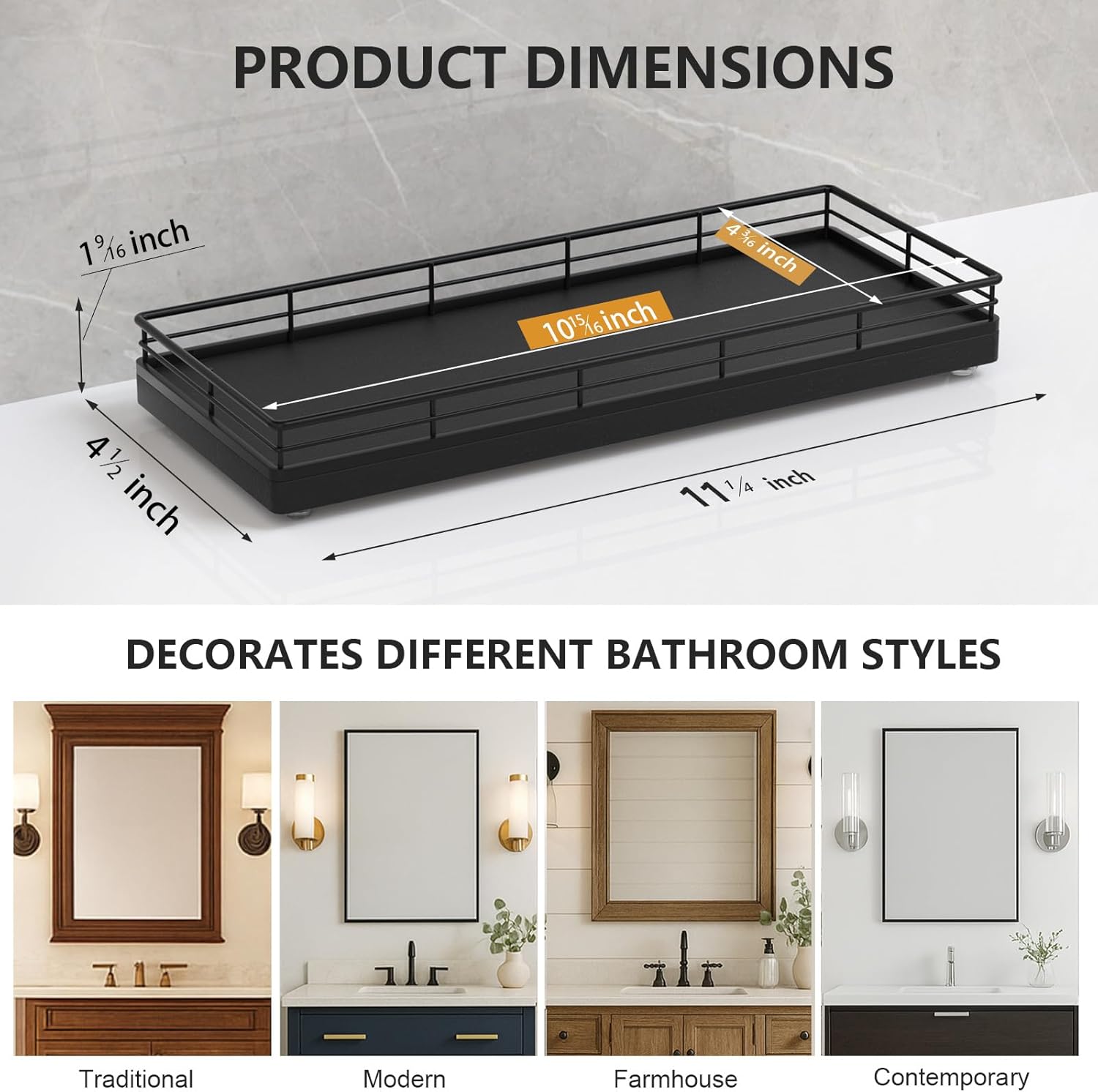 Bathroom Tray for Counter Top Organizer – Oak Wood Vanity Tray with Metal Frame for Dresser, Kitchen, Nightstand – Black Decorative Storage