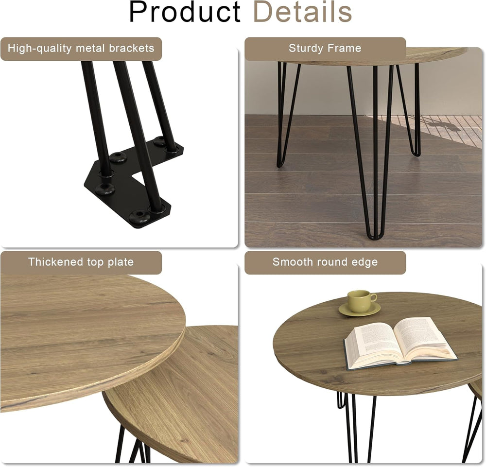 Small Round Nesting Coffee Table Set of 2 for Living Room, 27.56 inch Wood Mo...