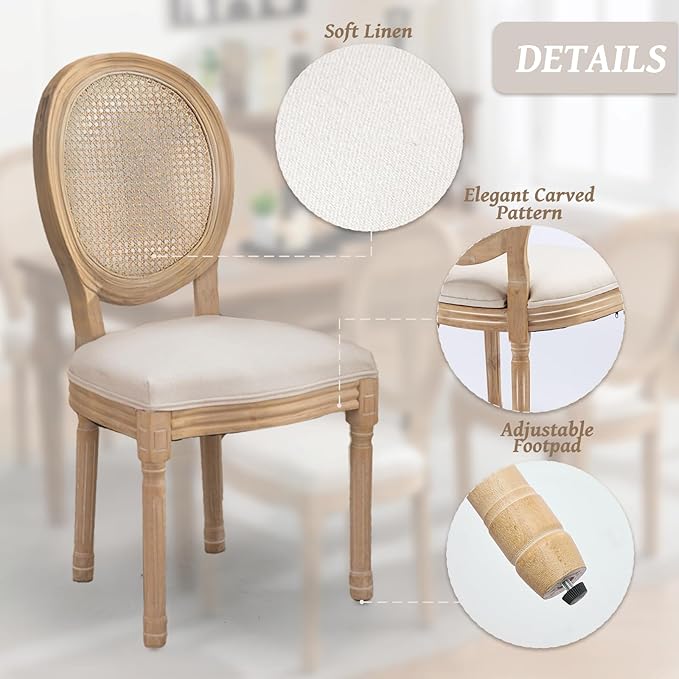 French Country Dining Chairs Set of 2,Farmhouse Upholstered Dining Room Chairs with Round Back and Solid Leg,Rattan Kitchen Chairs for Kitchen/Bedroom/Dining Room,Beige