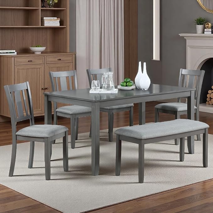 Dining Table Set for 6, 6-Piece Kitchen Table Chairs Set with Rectangular Table, 4 Slatted Upholstered Chairs and Bench, Wooden Farmhouse Rustic Style Kitchen Dining Set for 6 Person, Gray