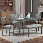 Dining Table Set for 6, 6-Piece Kitchen Table Chairs Set with Rectangular Table, 4 Slatted Upholstered Chairs and Bench, Wooden Farmhouse Rustic Style Kitchen Dining Set for 6 Person, Gray