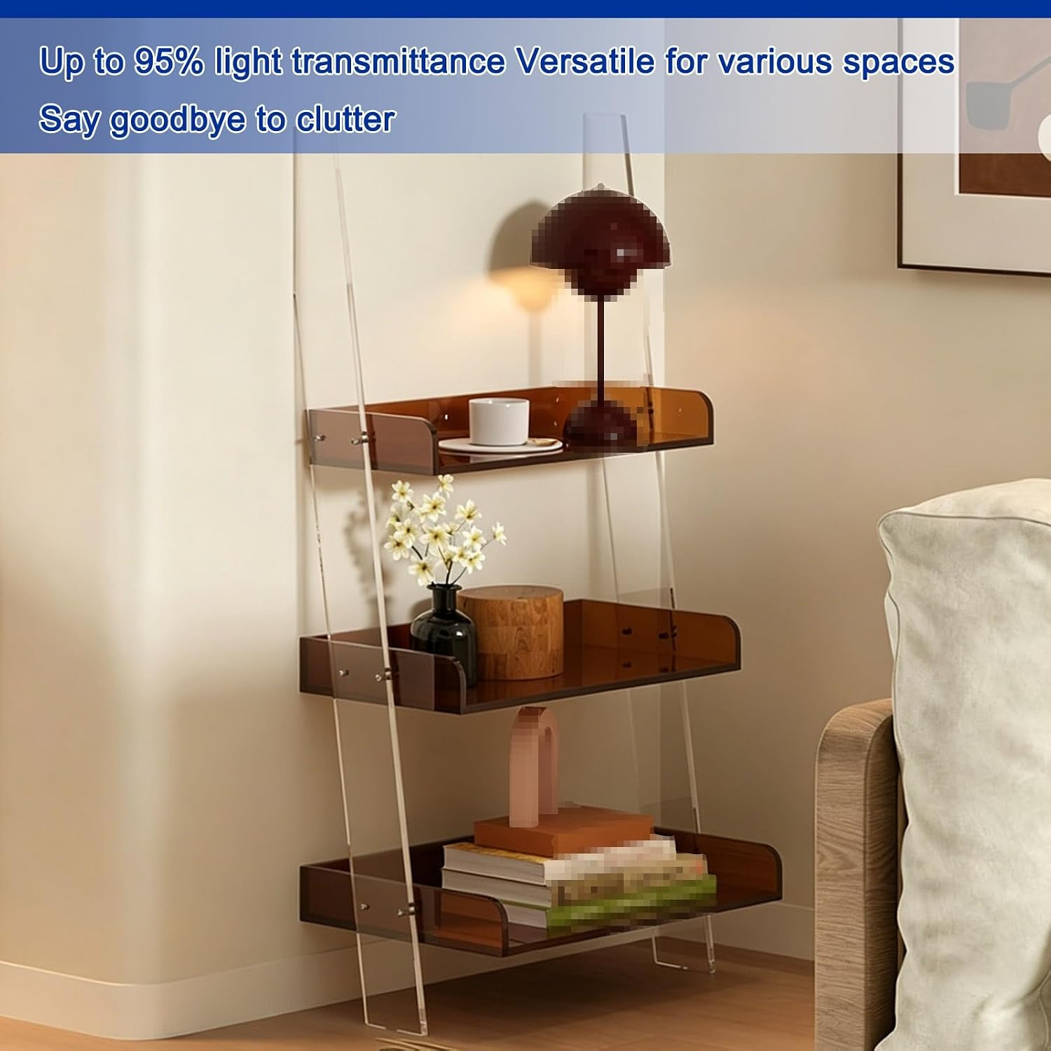 3 Tier Acrylic Ladder Corner Shelf, Freestanding Storage Display Rack with Anti Fall Raised Edge, Space Saving Side Table Organizer for Living Room Office Home Decor(Brown)