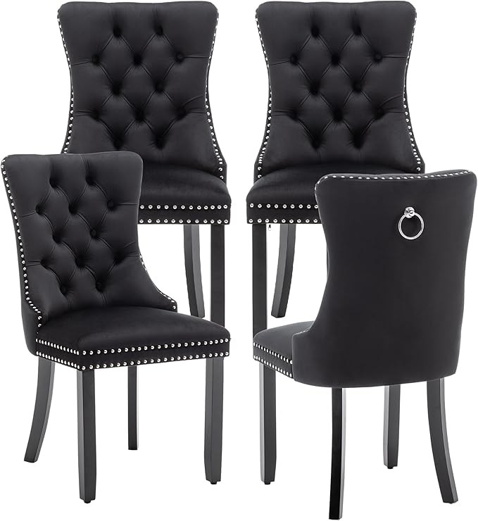 Kiztir Velvet Dining Chairs Set of 4, Upholstered Dining Room Chairs with Ring Pull Trim and Button Back, Luxury Tufted Dining Chairs for Living Room, Bedroom, Kitchen (Black)