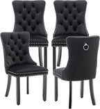 Kiztir Velvet Dining Chairs Set of 4, Upholstered Dining Room Chairs with Ring Pull Trim and Button Back, Luxury Tufted Dining Chairs for Living Room, Bedroom, Kitchen (Black)