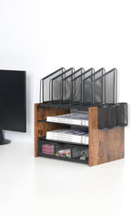 4-Tier Wood & Metal Desk Organizer – Vertical File Tray, Pen Holder & Drawer | Desktop Organizer for Home Office Supplies, Folders, Notebooks & Documents | Space-Saving Mesh Office Organizer