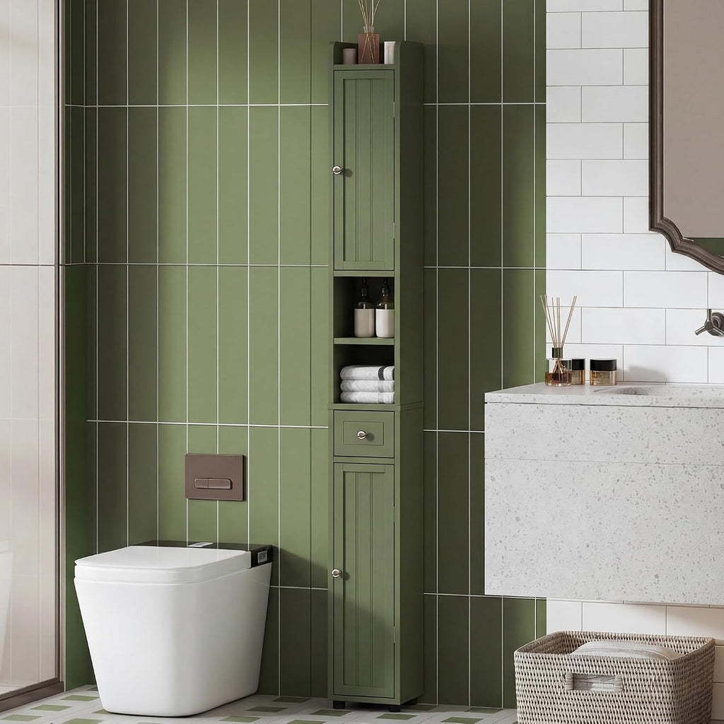 ChooChoo Narrow Bathroom Storage Cabinet with Adjustable Shelves and Drawer | Tall Slim Storage Cabinet, Freestanding Cupboard for Small Spaces, Green