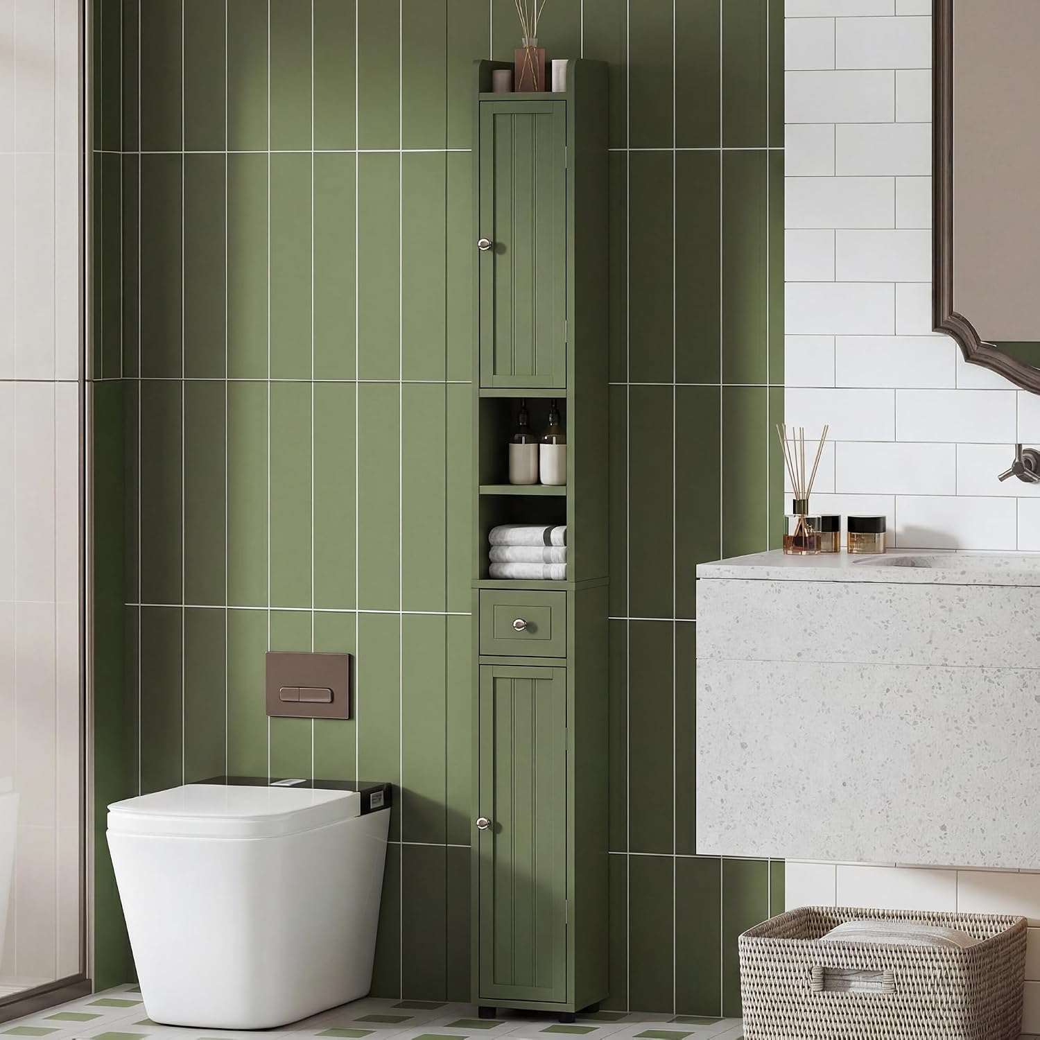 ChooChoo Narrow Bathroom Storage Cabinet with Adjustable Shelves and Drawer | Tall Slim Storage Cabinet, Freestanding Cupboard for Small Spaces, Green
