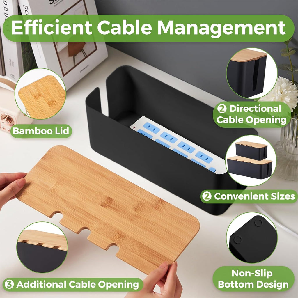 Cord Organizer Box Black 2 Pack, Wooden Cable Management Box with Cable Clip Holders and Reusable Cable Ties, Cord Management Box Cable Organizer Box with Bamboo Lid for Power Strip Extension Cord