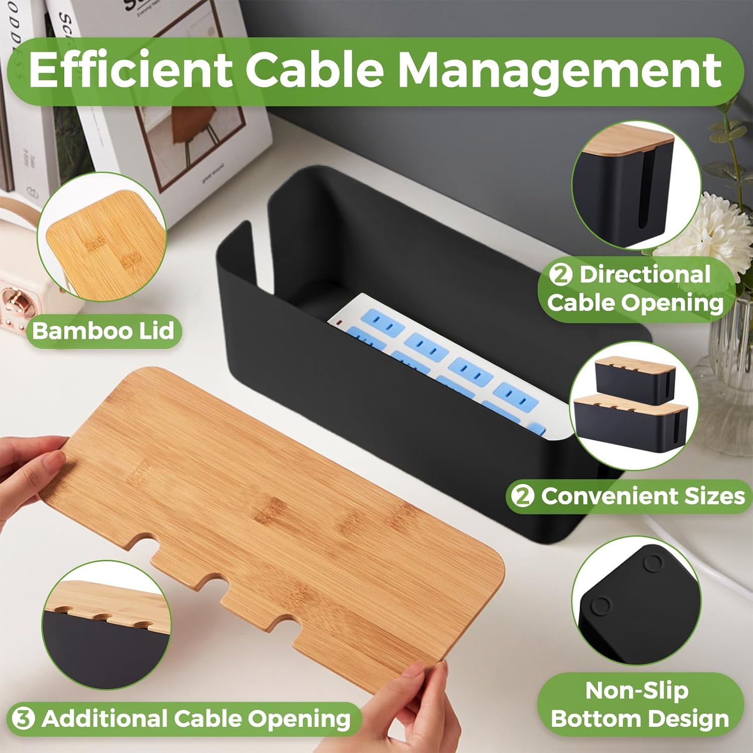 Cord Organizer Box Black 2 Pack, Wooden Cable Management Box with Cable Clip Holders and Reusable Cable Ties, Cord Management Box Cable Organizer Box with Bamboo Lid for Power Strip Extension Cord