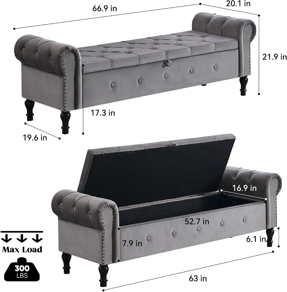 Storage Bench 67" Velvet End of Bed Benches Dark Grey | King Size Storag...
