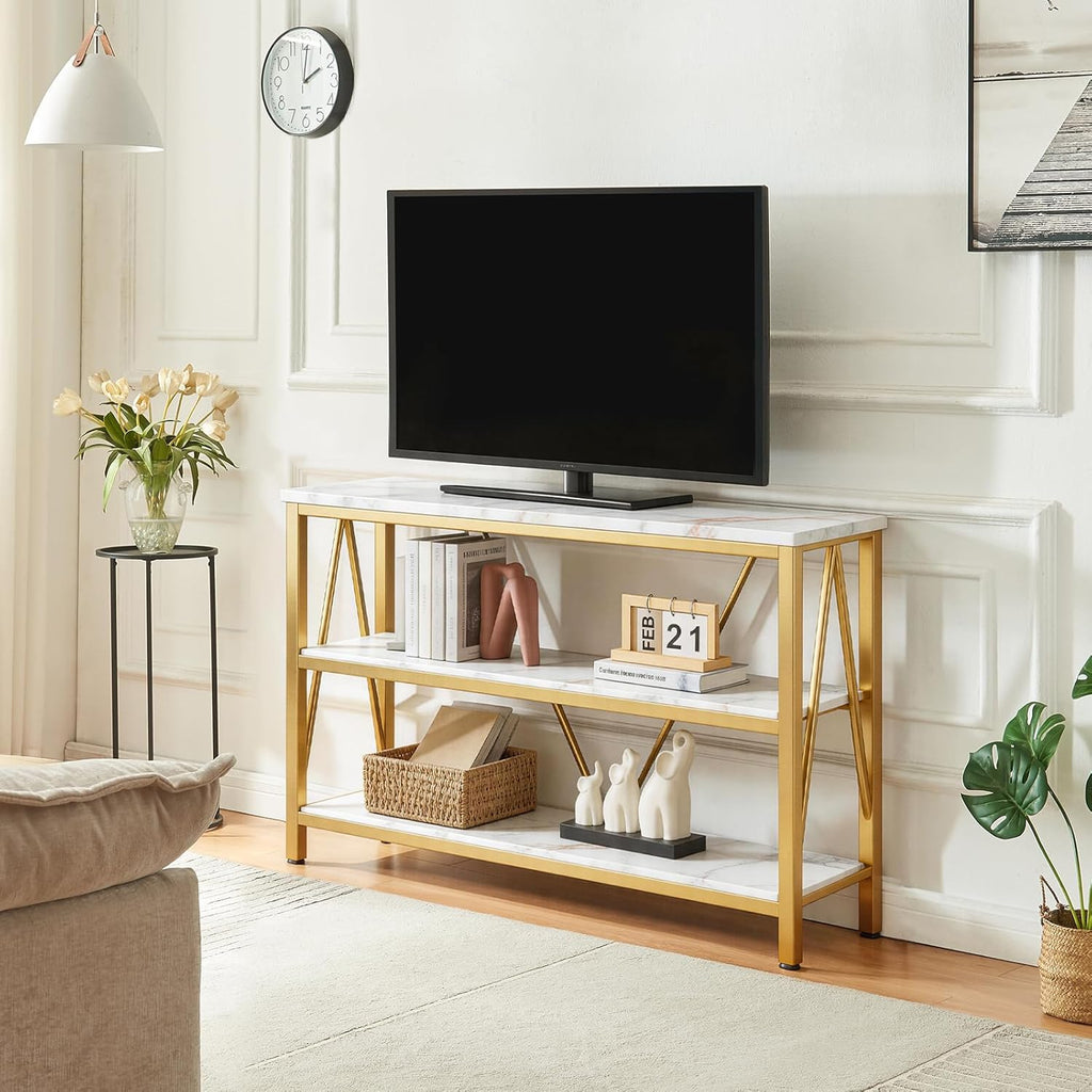 HOMISSUE Entryway Console Table, Rustic Console Tables with Wide Storage, Industrial Foyer for Entry with 3-Tier Open Shelves, Gold, 47 Inch