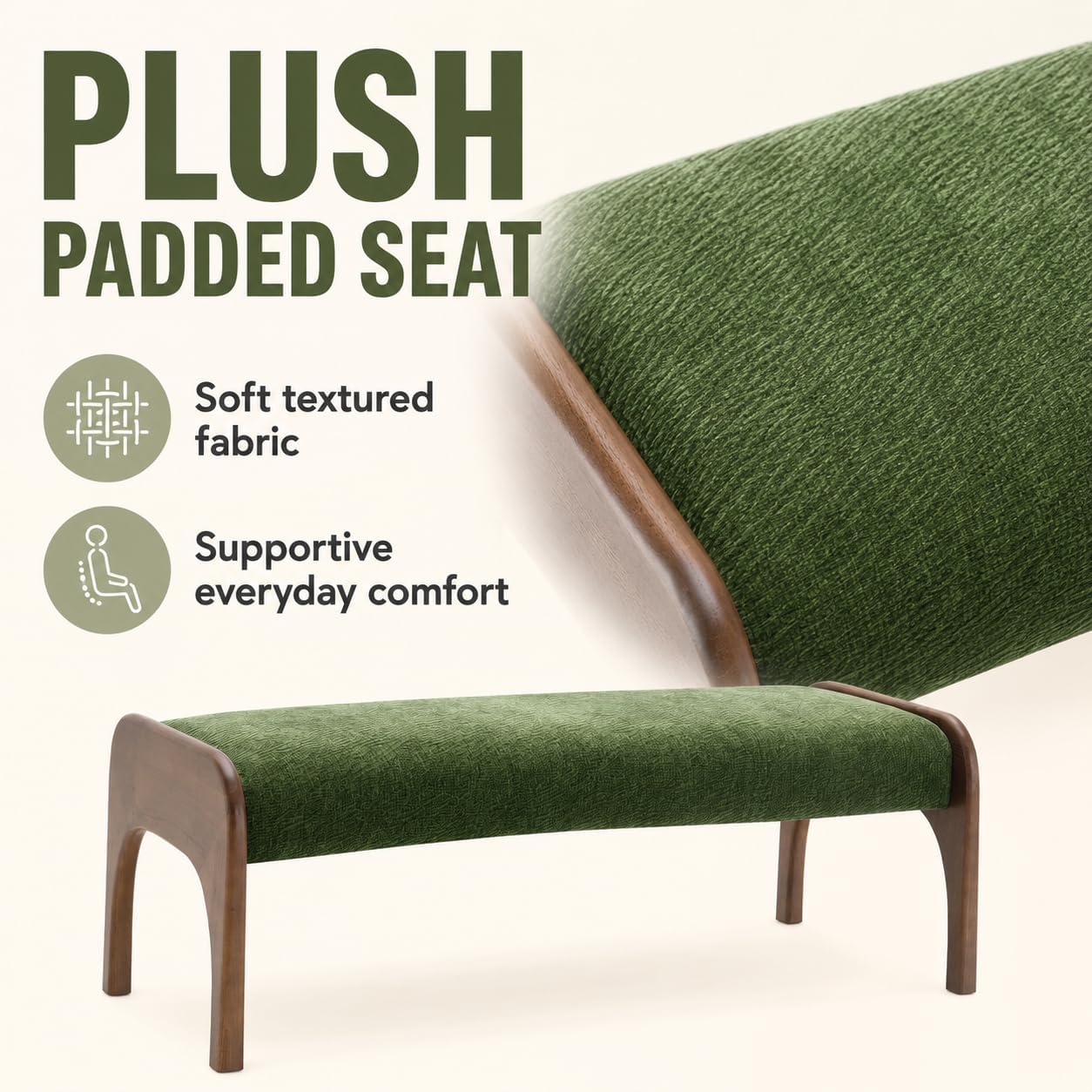 50.25“ Upholstered Bench, Modern Dining Bench with Soft Chenille Fabric, 6" Padded Seat and Rubber Wood Legs, End of Bed Bench for Bedroom, Entryway, Hallway, Living Room (C-Green)