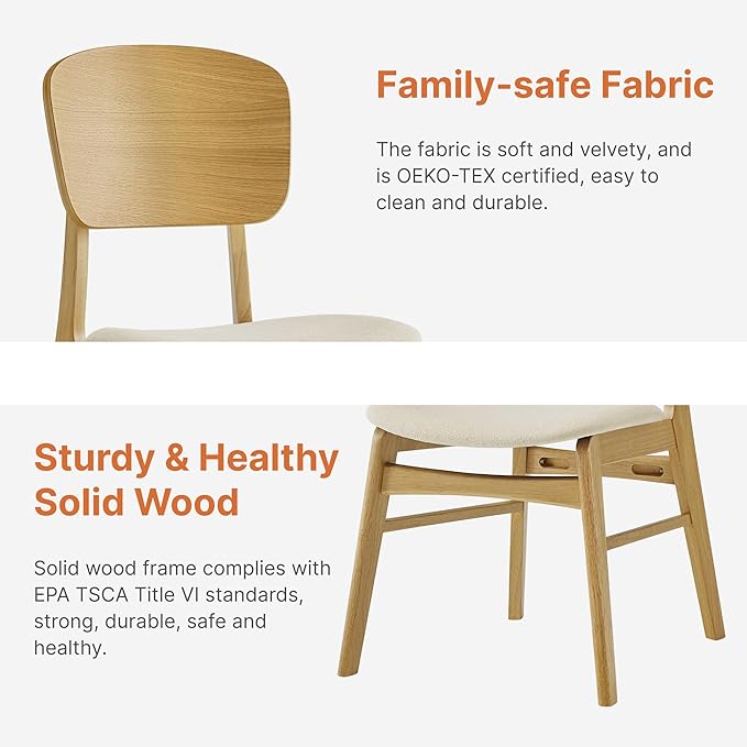 Wooden Dining Chairs Set of 6, Upholstered Modern Dining Room Chairs, Mid Century Oak Kitchen Chairs with Ergonomic Wood Backrest for Farmhouse, Restaurant, Café (Cream Fabric & Original Color)