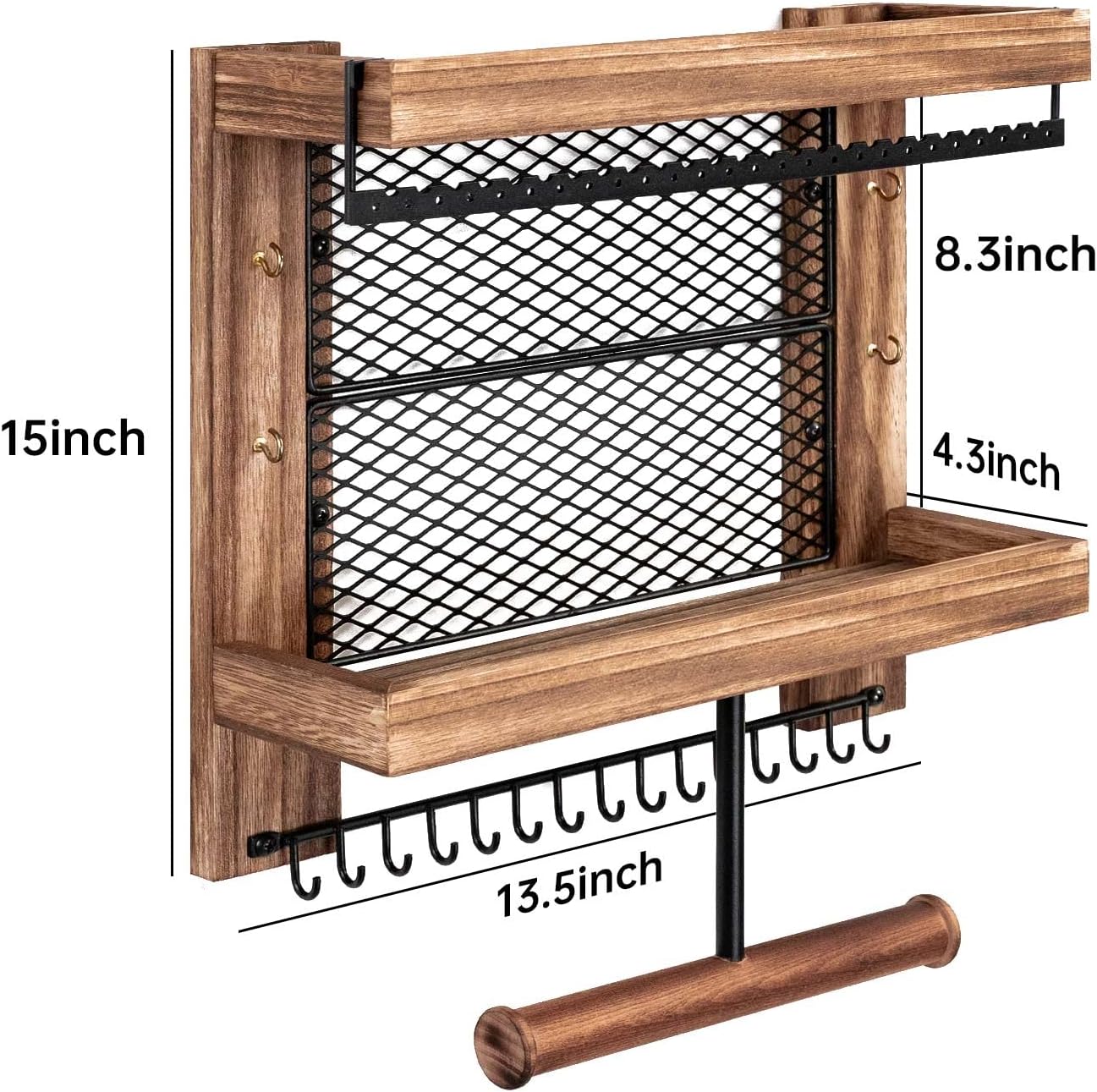 Pinzoveco Hanging Jewelry Organizer Wall Mounted With Wall Jewelry Organizer Holder For Necklaces Bracelet Earrings Ring (Rustic Wood)