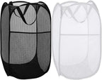 BATTOO Deluxe Strong Mesh Pop up Laundry Hamper Basket with Side Pocket for Laundry Room, Bathroom, Kids Room, College Dorm or Travel Black+White