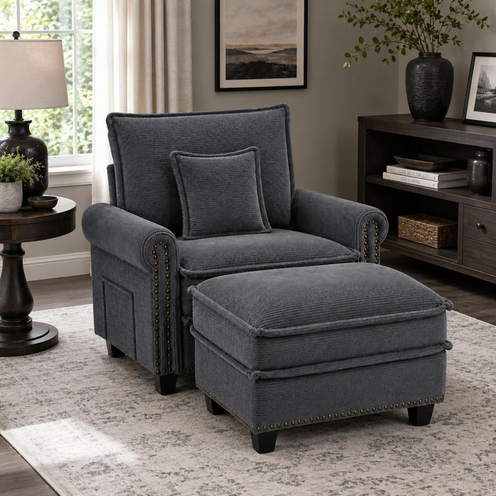 42-inch Nailhead Trim Sofa with Ottoman, Modern Corduroy Small Couch with Rolled Arms, Single Sofa Chaise Lounge for Living Room, Bedroom, Farmhouse Decor (Grey)