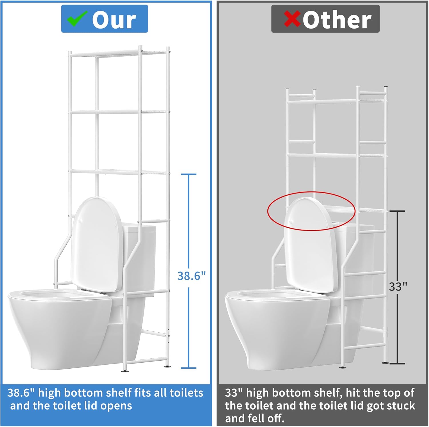3-Tier Over The Toilet Storage, Freestanding Metal Bathroom Shelves, Space Saver Above The Over Toilet Storage Shelf for Bathroom (White)