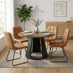 HIPIHOM 47.2” Round Dining Table Set for 4 Modern Wood Table with 4 Upholstered Leather Chairs, Metal Pedestal Base, Space-Saving Kitchen & Dining Furniture for Small Apartments and Compact Spaces