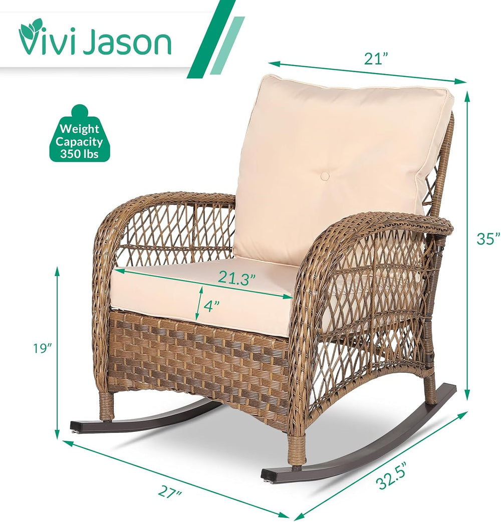 VIVIJASON Outdoor Wicker Rocking Chair, Patio Rattan Rocker Chair with Cushio...