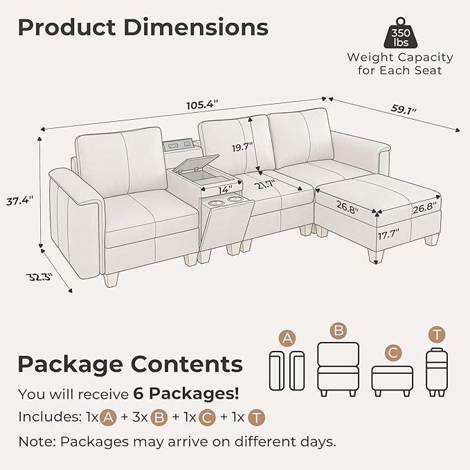 SITJOY 105" Faux Leather Modular Sectional Sofa with Storage, Mid Century Modern Sectional Couches for Living Room, 4 Seat L Shaped Couch with Ottoman and Console Table, Hidden Cupholders, Greige