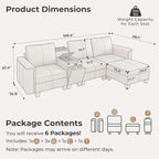 SITJOY 105" Faux Leather Modular Sectional Sofa with Storage, Mid Century Modern Sectional Couches for Living Room, 4 Seat L Shaped Couch with Chaise and Console Table, Hidden Cupholders, Greige