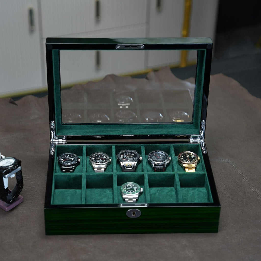 Watch Box for Men 10 Watches Storage Organizer Case, Smart Watch Display, Green Wood with Soft Suede Interior, Large Glass Window, Gift for Women and Man (10W-GR)