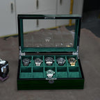 Watch Box for Men 10 Watches Storage Organizer Case, Smart Watch Display, Green Wood with Soft Suede Interior, Large Glass Window, Gift for Women and Man (10W-GR)