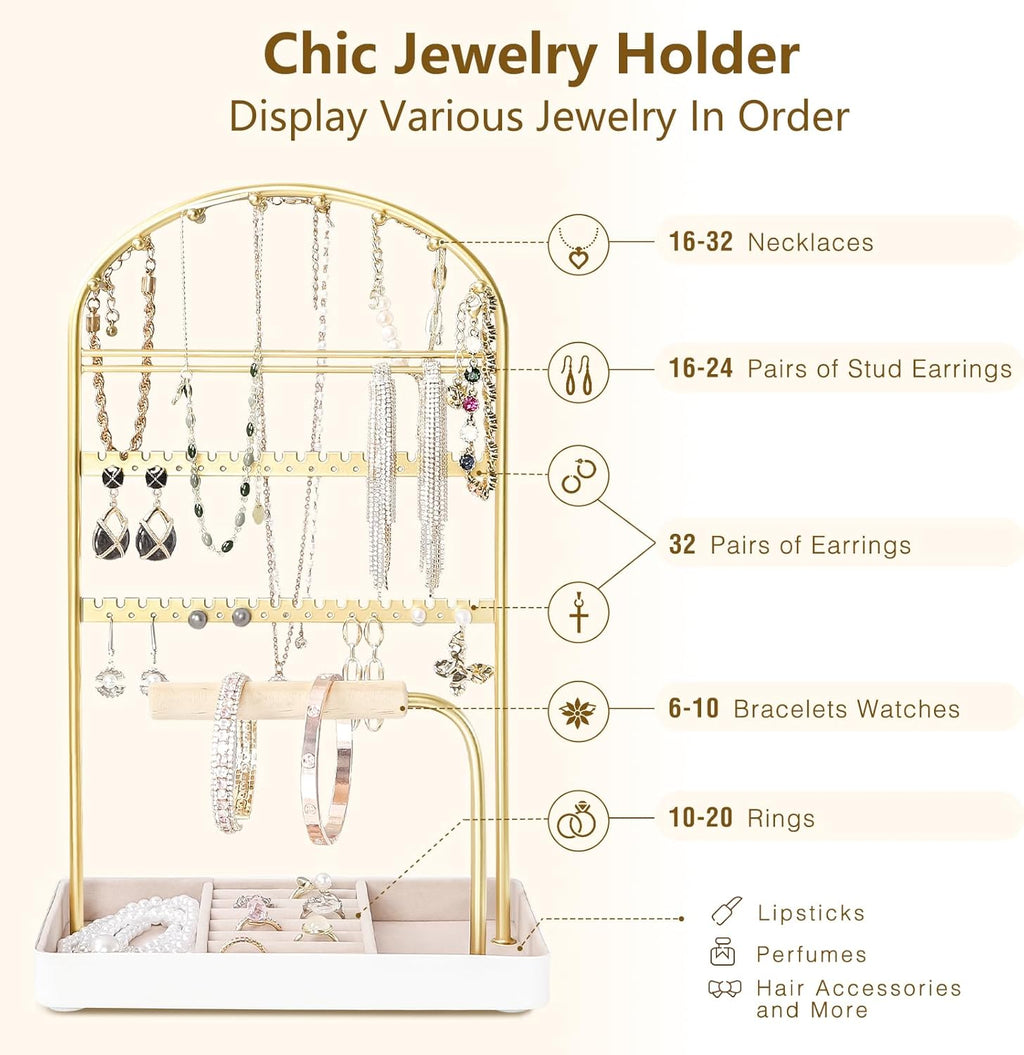 Multi-Functional Jewelry Holder Organizer Necklace Display Stand Velvet Lined Bar for Rings 2 Tier with 18 Hooks, 32 Earring Holes - Sturdy and Durable, Easy Organization White & Gold