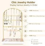 Multi-Functional Jewelry Holder Organizer Necklace Display Stand Velvet Lined Bar for Rings 2 Tier with 18 Hooks, 32 Earring Holes - Sturdy and Durable, Easy Organization White & Gold